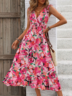 Perfee Ruffled Smocked Printed Sleeveless Dress