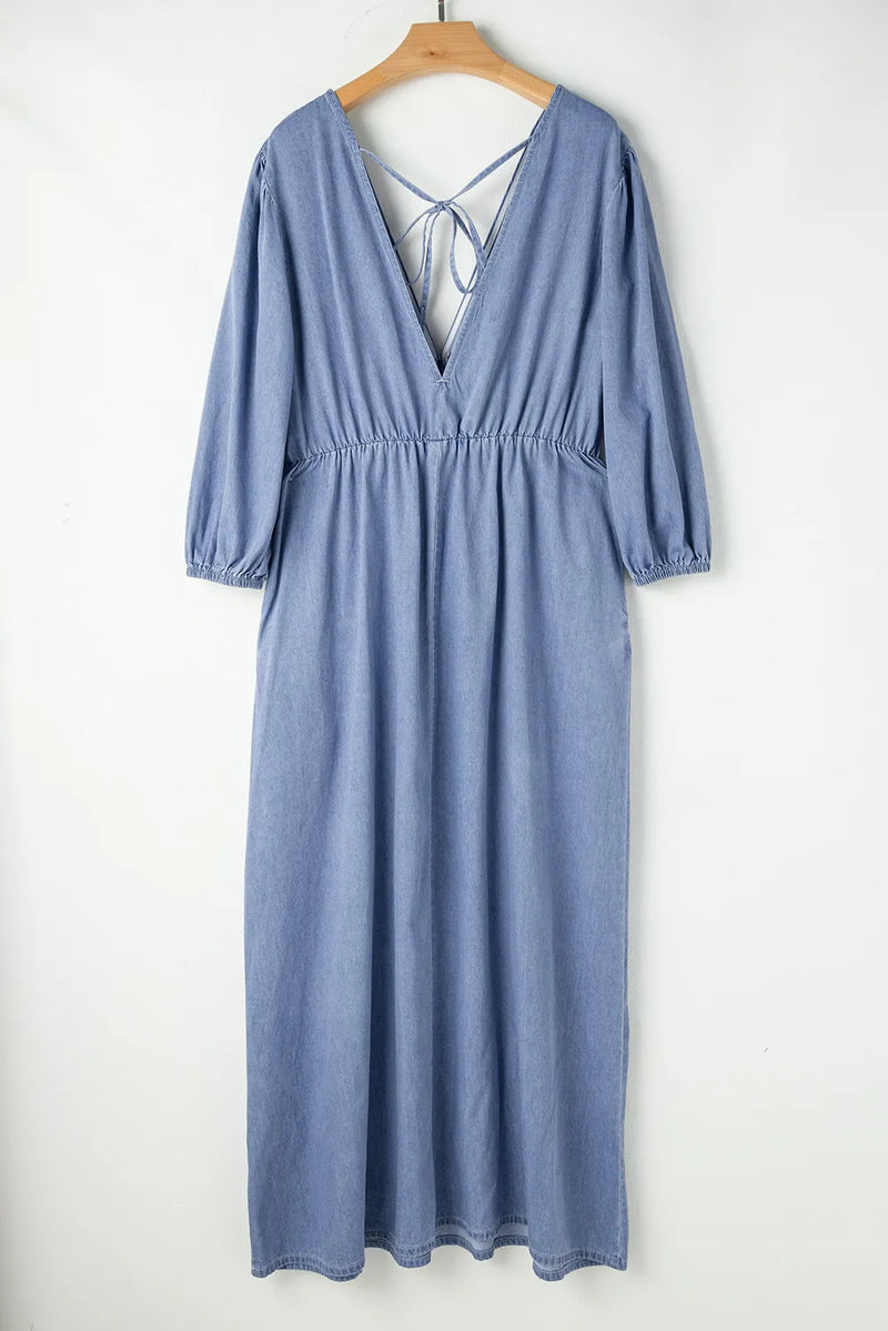 Tied Plunge Three-Quarter Sleeve Denim Dress