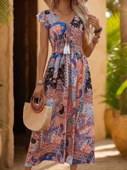 Perfee Tassel Printed Cap Sleeve Midi Dress