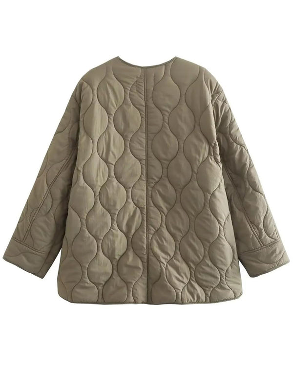 Quilted Snap Down Round Neck Winter Coat