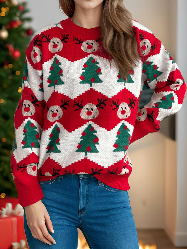 Christmas Element Round Neck Long Sleeve Sweater