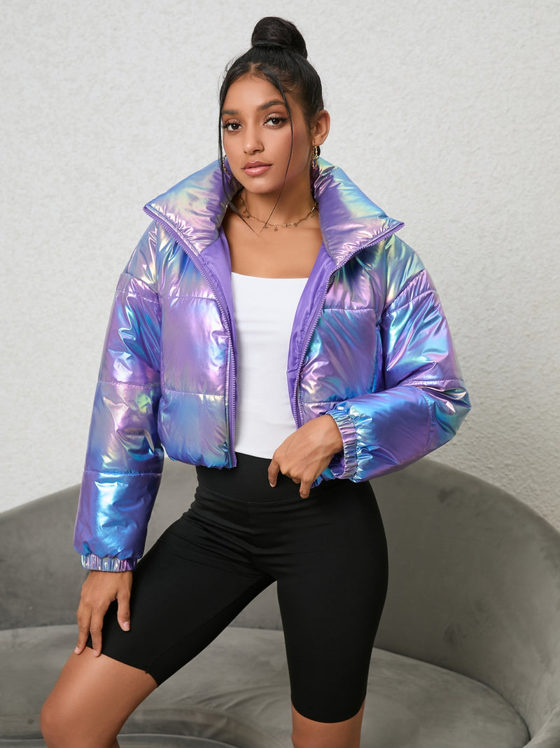 Gradient Zip-Up Collared Puffer Jacket