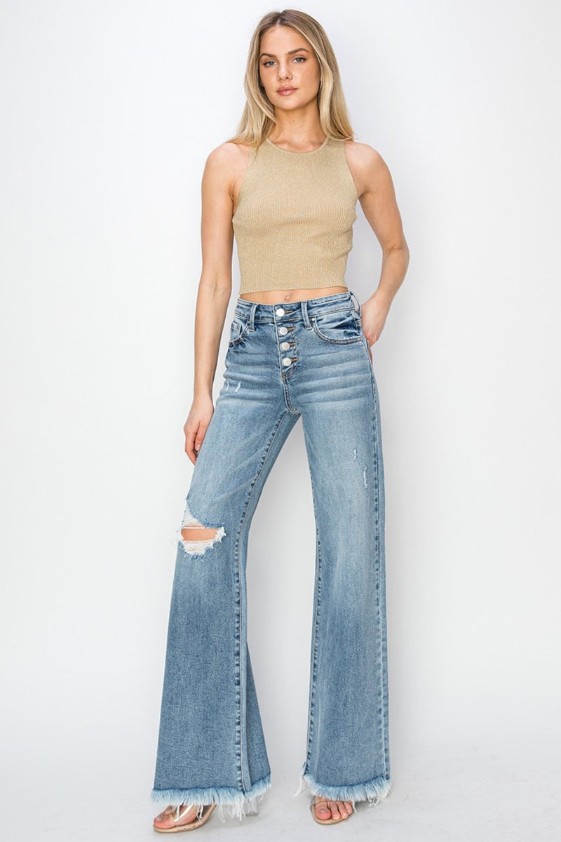 RISEN Mid Rise Button Fly Wide Leg Jeans