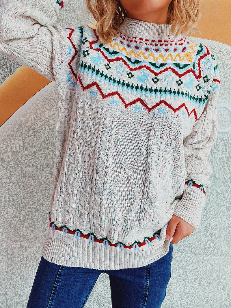 Cable-Knit Mock Neck Long Sleeve Sweater