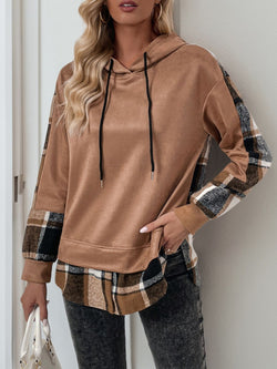 Perfee Drawstring Slit Plaid Long Sleeve Hoodie