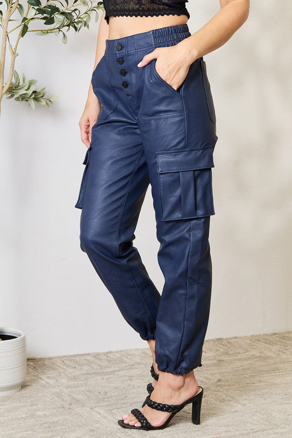 Kancan High Waist Faux Leather Cargo Joggers