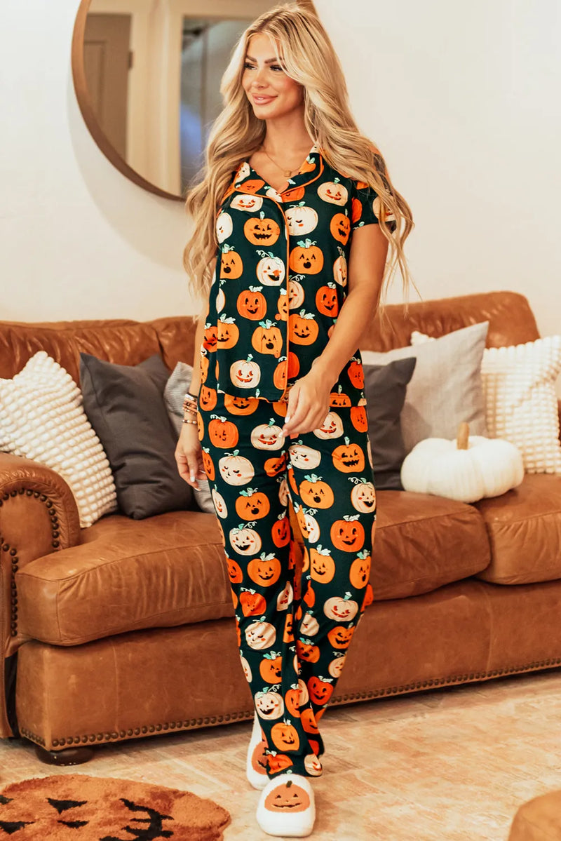 Pumpkin Printed Short Sleeve Top and Pants Lounge Set