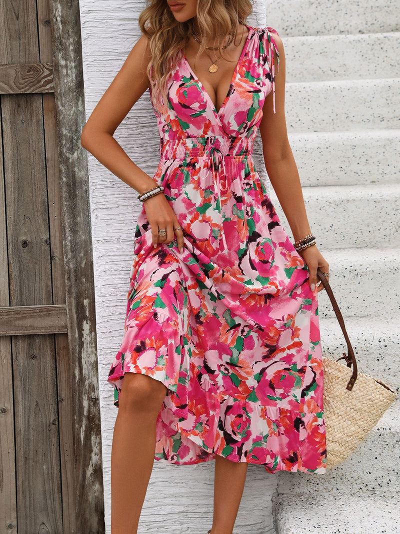 Perfee Ruffled Smocked Printed Sleeveless Dress