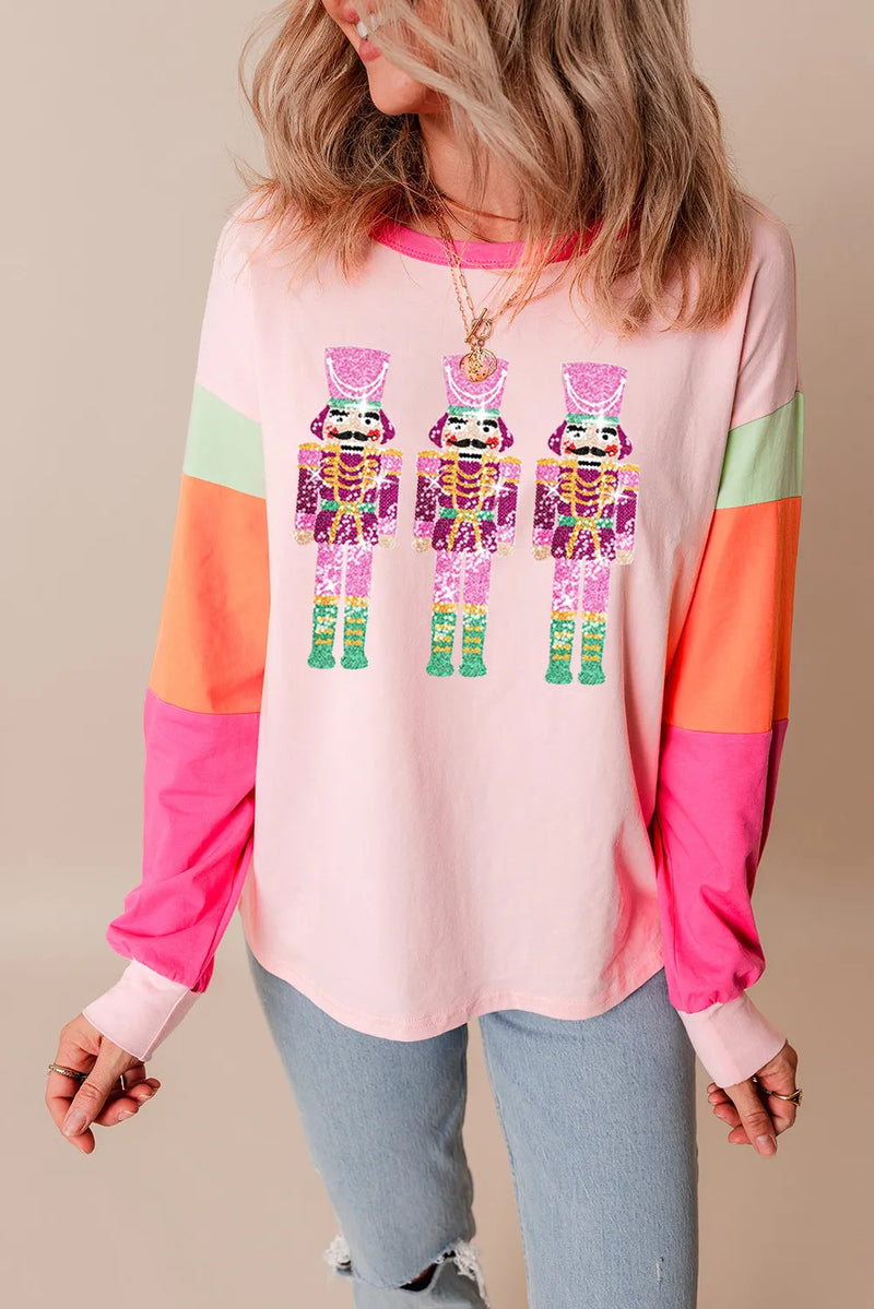 Sequin Nutcracker Round Neck Long Sleeve Top