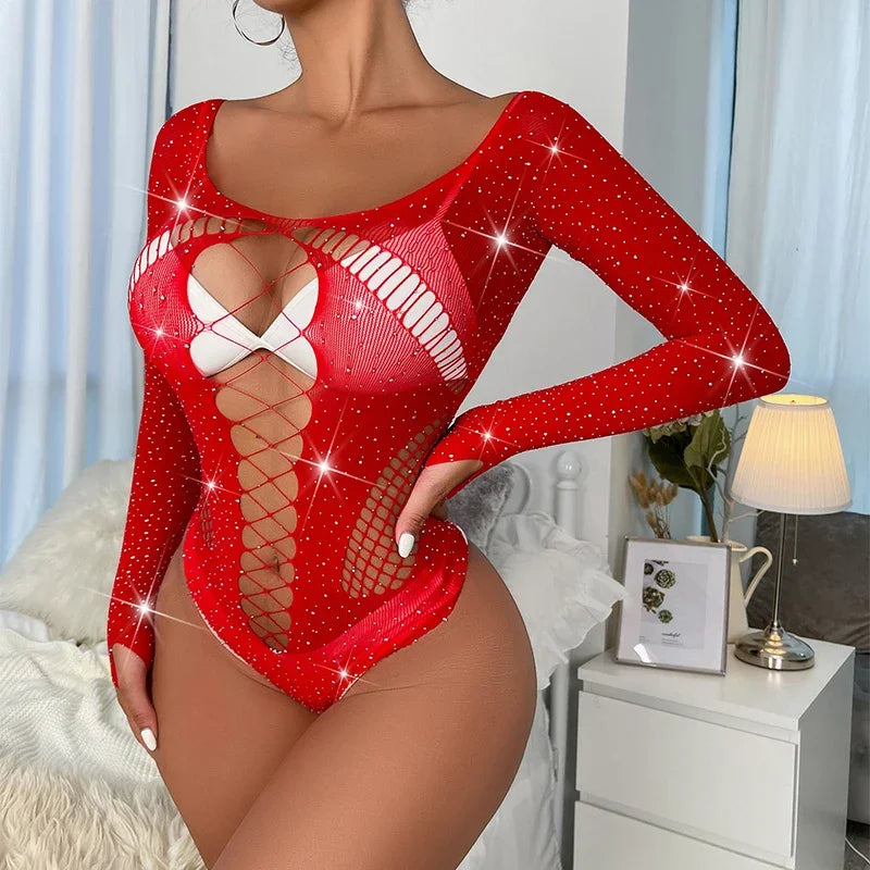 Red Erotic Sexy Lingerie Rhinestone Fishnet Bodysuit