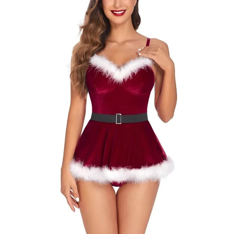 V Neck Velvet Satin Xmas Mini Dress