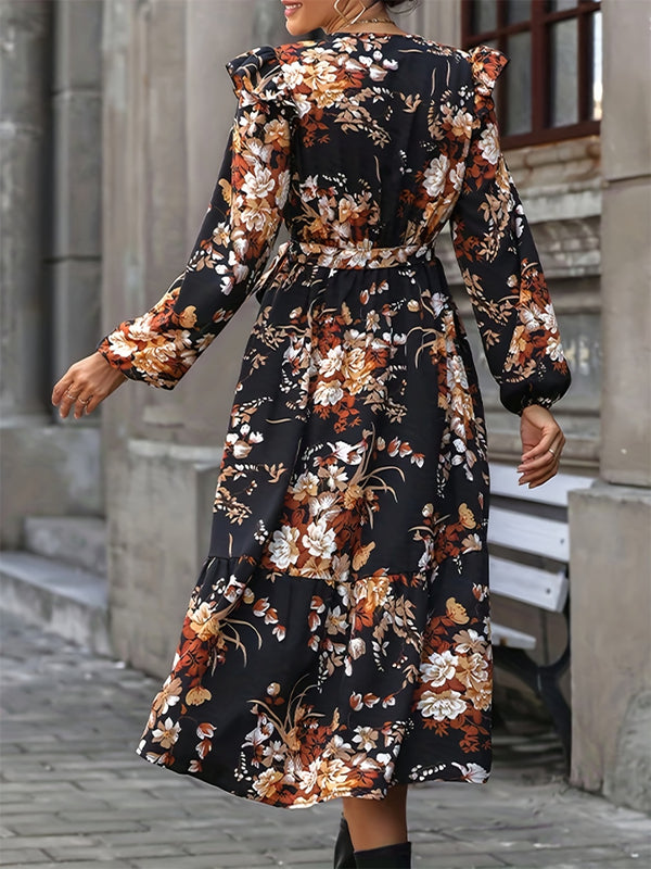 Ruffled Printed Surplice Long Sleeve Midi Dress