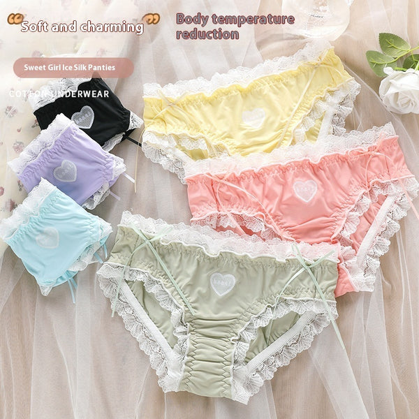 Soft Ice Silk Underwear Women's Double-layer Antibacterial Lace Lace Briefs