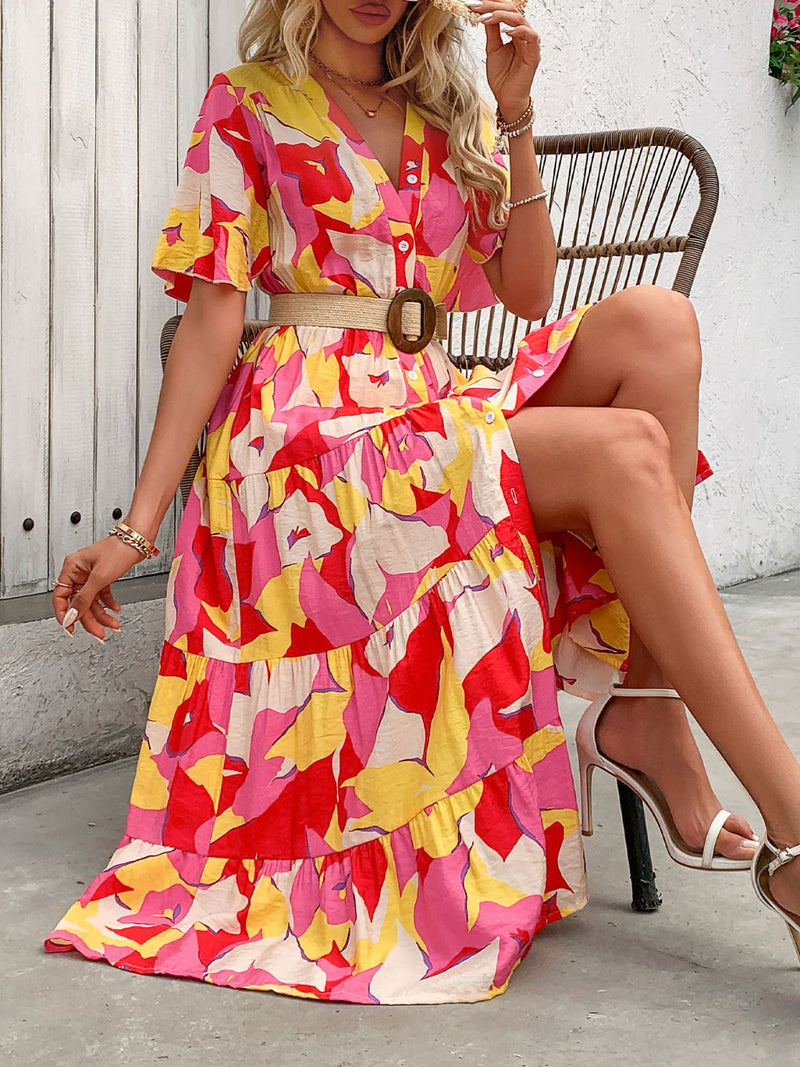 Perfee Printed V-Neck Flutter Sleeve Midi Dress