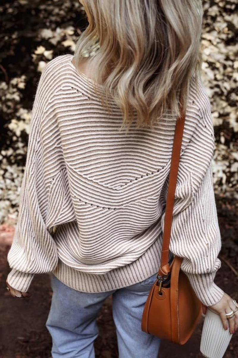 Textured Striped Round Neck Long Sleeve Top