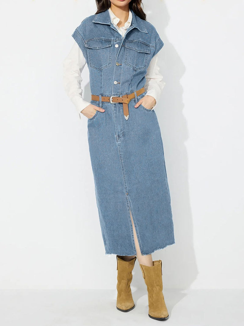 Slit Half Button Collared Neck Cap Sleeve Denim Dress