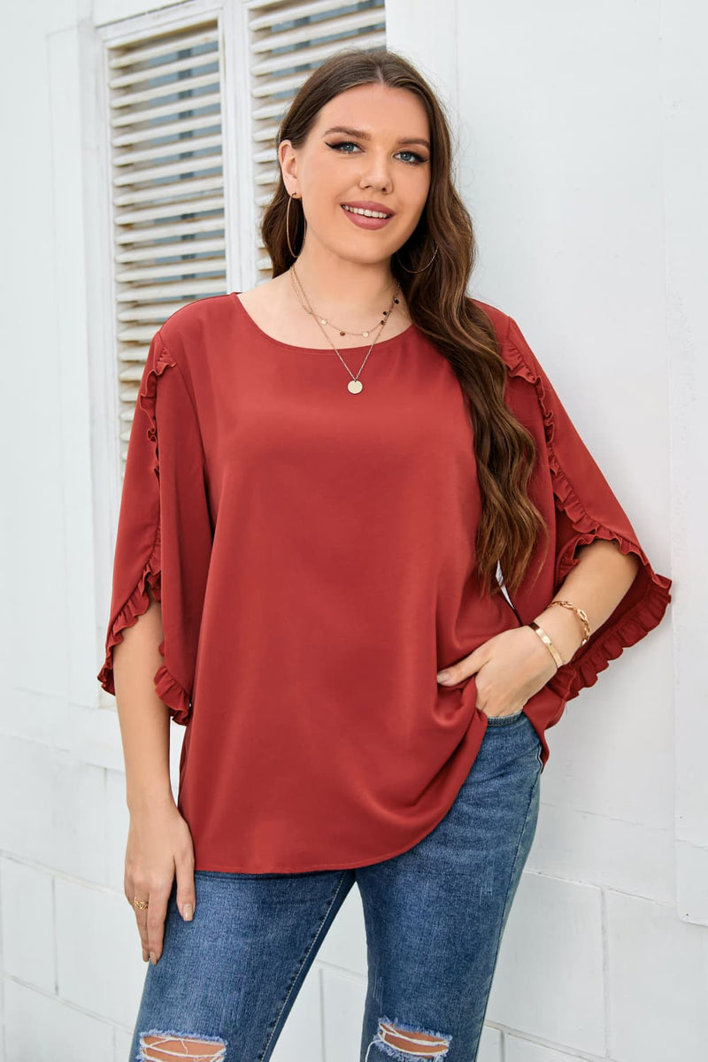 Honey Plus Size Round Neck Frill Trim Blouse