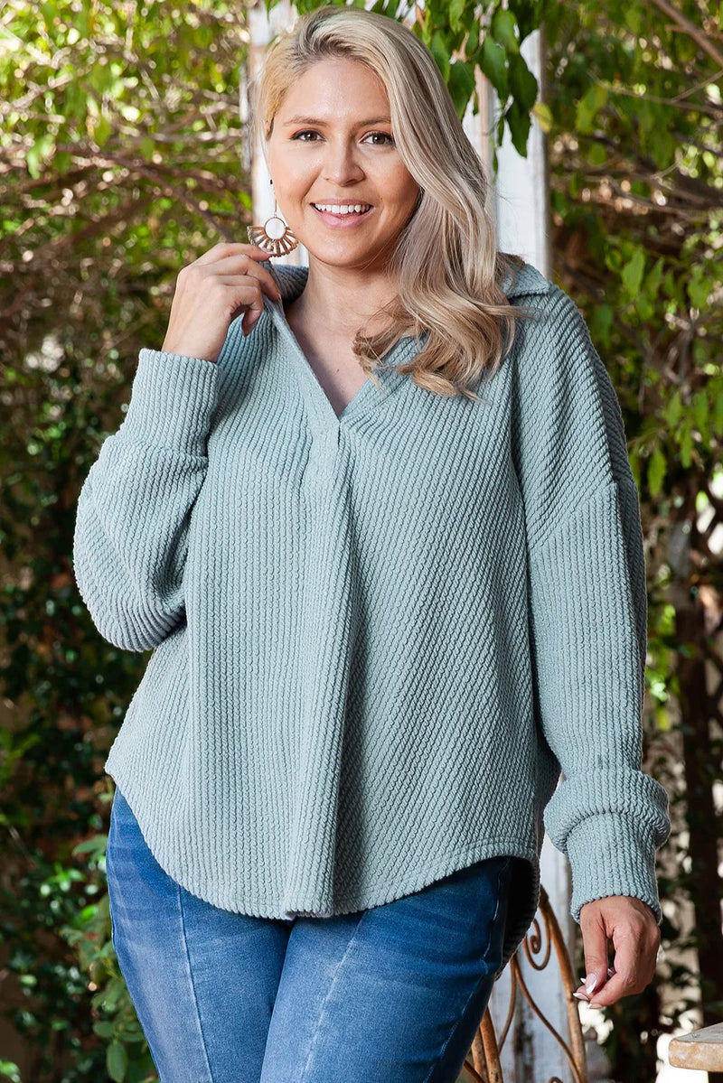 Plus Size Textured Johnny Collar Long Sleeve Sweatshirt