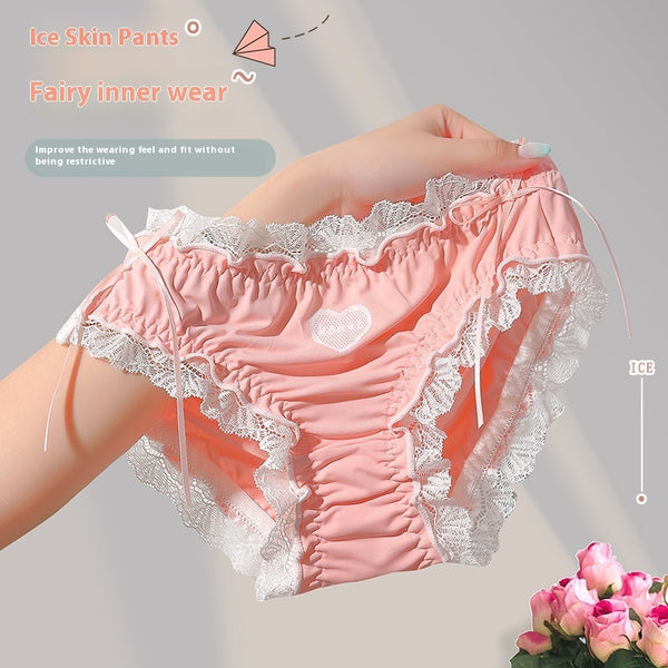 Soft Ice Silk Underwear Women's Double-layer Antibacterial Lace Lace Briefs